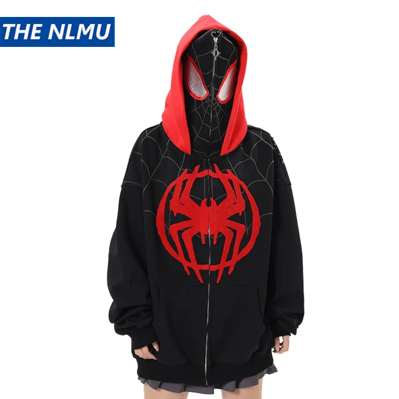 

Hip Hop Zipper Hoodie Coat Embroidery Spider Zip Up Hoodies Sweatshirts 2023 Harajuku Punk Oversize Double Hoody Coat Unisex