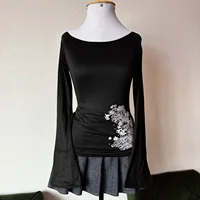 Mode européenne et américaine nouveau imprimé fleuri col rond à manches longues petit haut ajusté noir T-Shirt à fines rayures 2