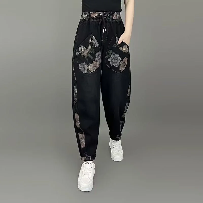 Plus Size 3XL Fat Fleece Jeans For Women Straight Trousers Wide Leg Loose Fit Tight Elastic Waist Slimming For Women Denim Pants