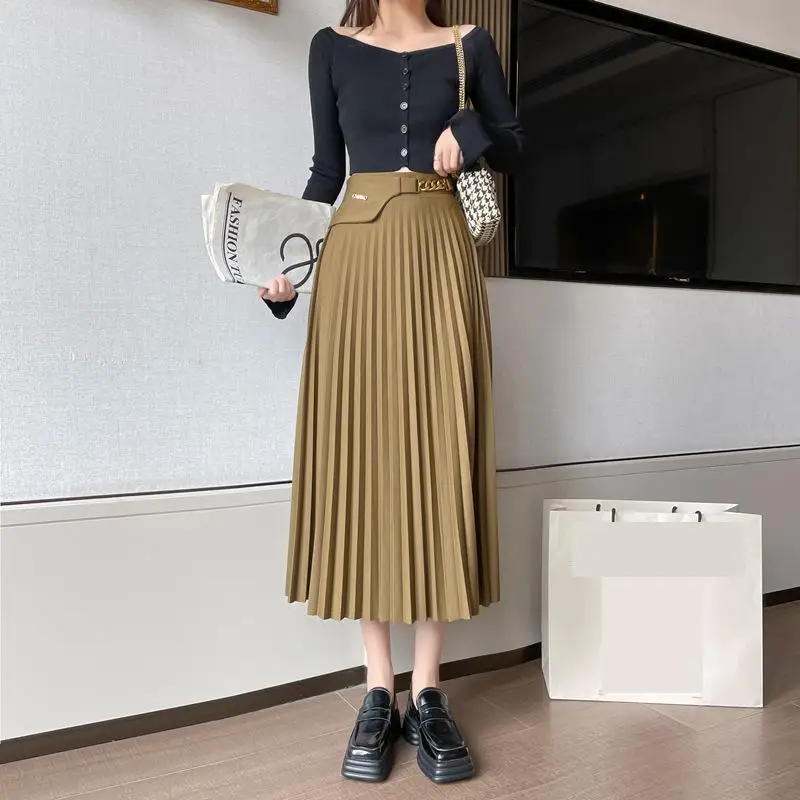 

Popular Spring-Summer New Women's Fashion Versatile Casual Chain Mid length Pleated Skirt Solid Color Temperament Women's skirt