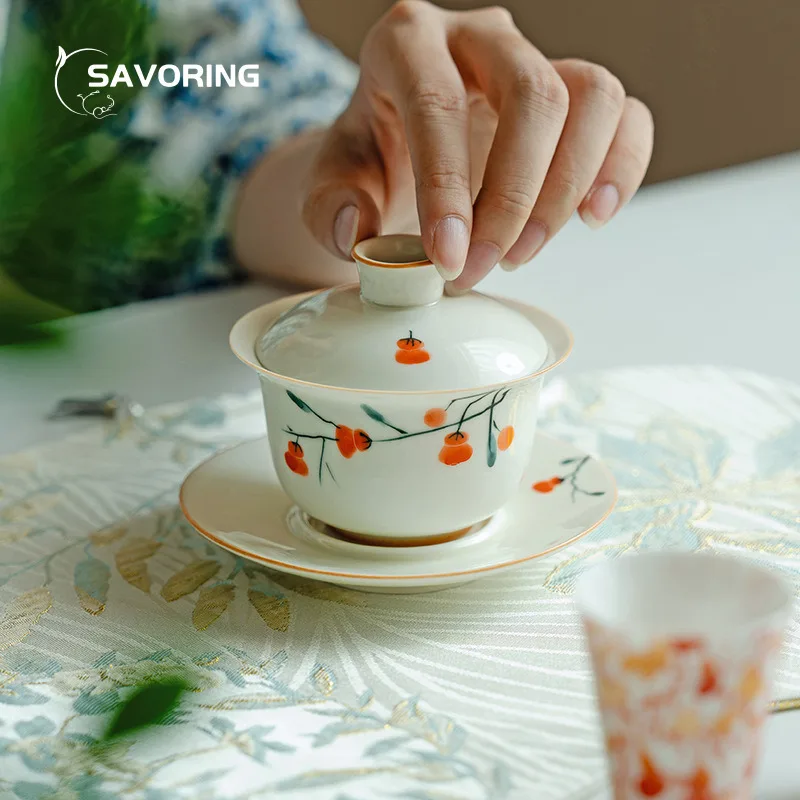 Hand Painted Persimmon Gaiwan 120ml Chinese Ceramic Cover Bowl Tea Cup Handmade Tea Bowl Puer Maker Gaivan Drinking For