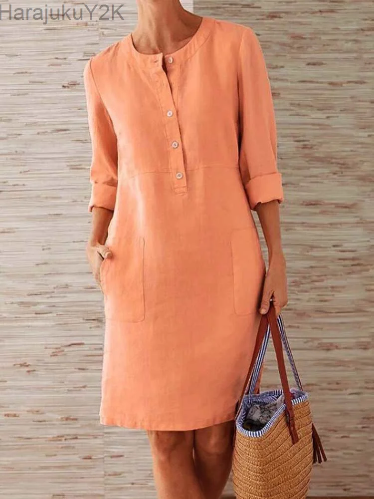 

Cotton Linen Dress Spring Vintage Long Sleeve Button Pocket Solid Loose Party Dresses FYY5093