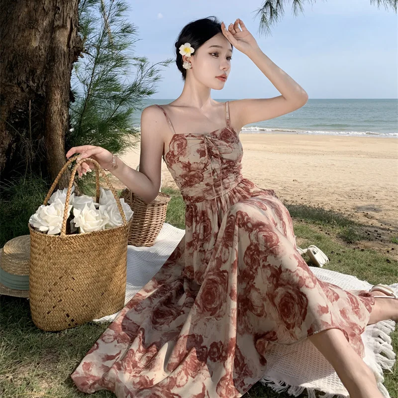 

Sanya Beach Travel Wild Rose Garden Summer Dress Women Retro Temperament Wild Slim Floral Strap Goddess Dress Woman