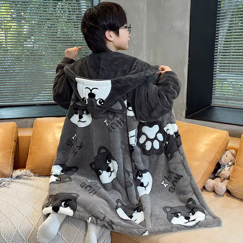 Child Bathrobe Kids Robe Long Sleeve Hooded Cartoon Shark Animal Boy Girls Winter Warm Thicken