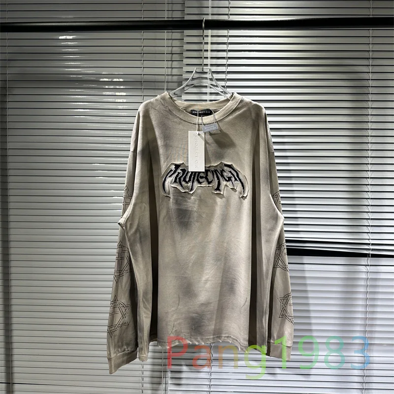 

Grailz Washed Old Damaged Vintage Long Sleeve T-shirt Men Women Ink Jet Stained Versatile Top