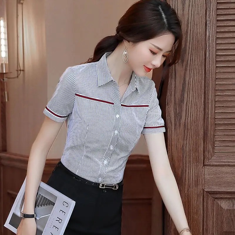 Summer Striped Contrast Shirt Tops Short Sleeve Polo Neck Slim All-match Plus Size Office Blouse Fashion Elegant Women Clothing