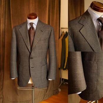 Men Brown Plaid Blazer Single Breasted Suit 1