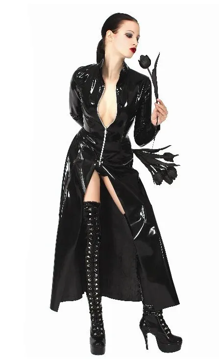 

Women Patent Leather Long Coat Black PVC Bodysuit Dress The Matrix Halloween Cosplay Gay Latex Costume