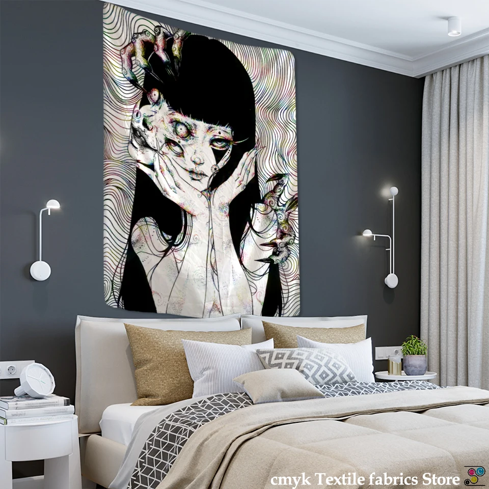 Japanese Horror Anime Wall Hanging Tapestry Mysterious Tapiz Cartoon Horror Illustration Kawaii Art Room Home Decor tapestry decorations
