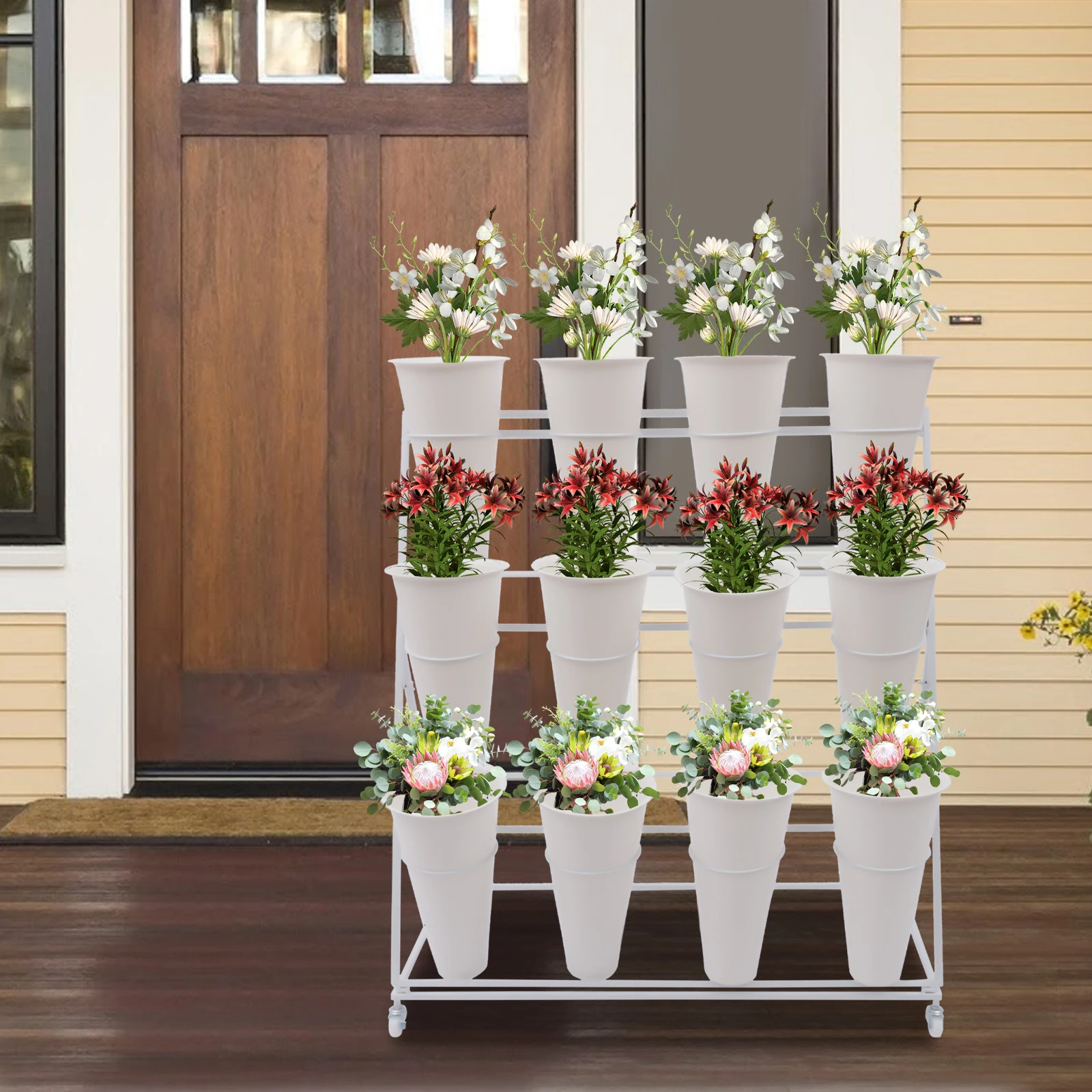 3 Layers Metal Plant Stand with Wheels Modern Plant Shelf  Flower Bucket Indoor Outdoor Flower Display Stand Flower Rack 4