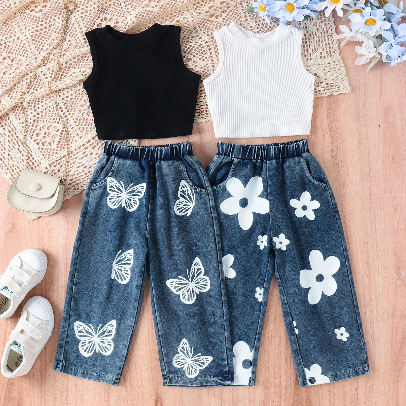2024 New Summer Girls Fashion Clothes Sets Baby Girls Solid Sleeveless Crop Tops + Butterfly Print Jeans Kids Casual Clothing