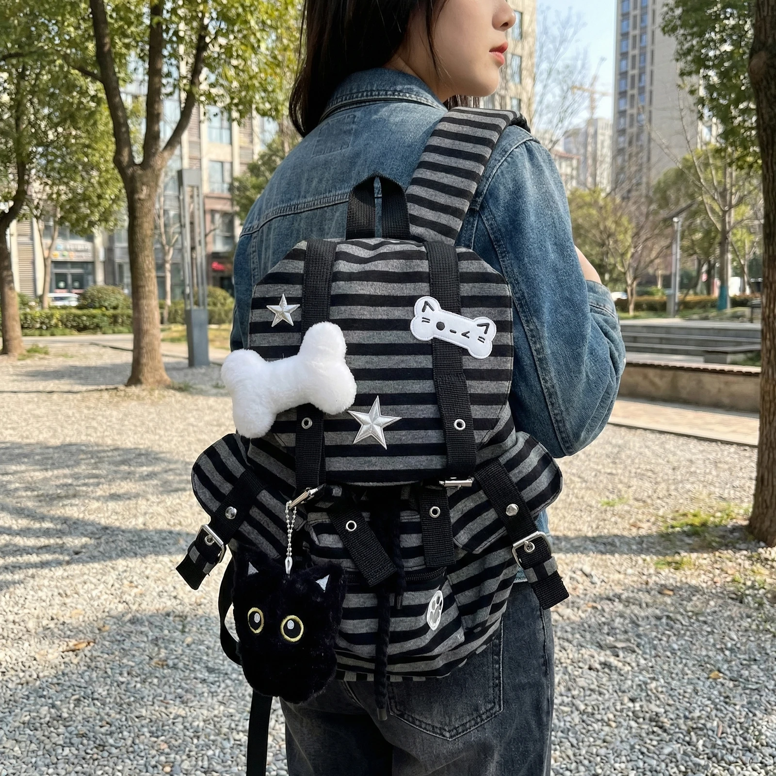 빈티지 스트라이프 백팩 대용량 Y2k 드로스트링 가방 다용도 가방 야외 여행 통근 백팩