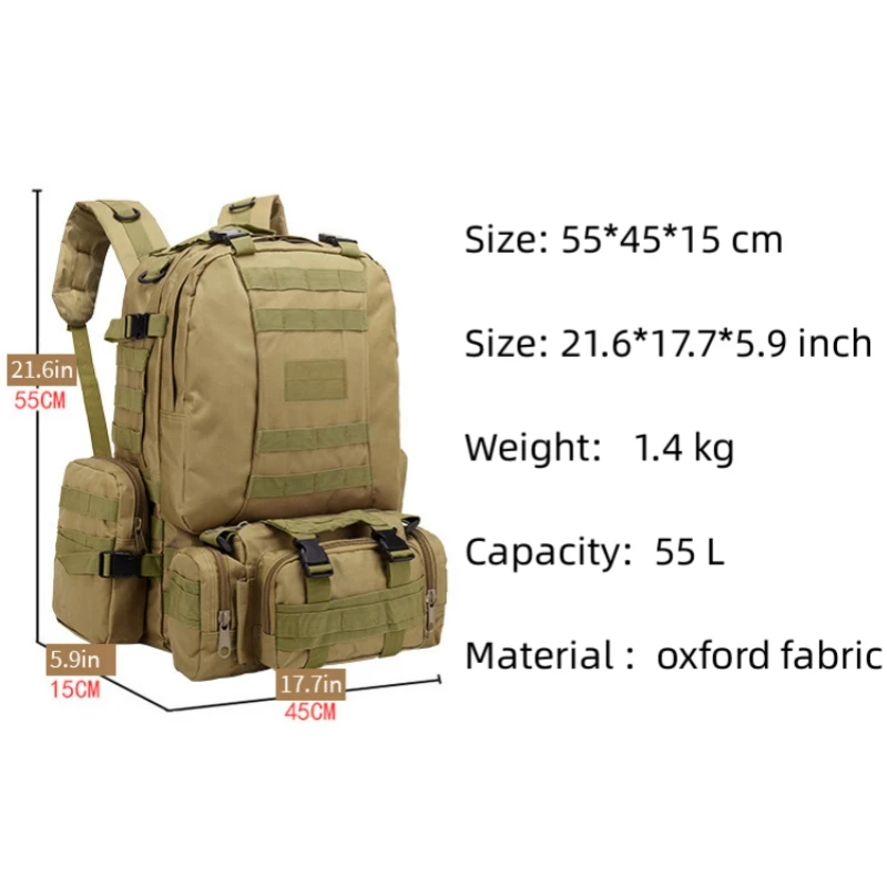 4 in 1 Backpack 55L Tactical Backpack Bag Rucksack Outdoor Sport Bag Men Camping Hiking Travel Climbing Mochila
