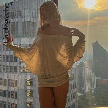 Cryptographic Fashion Off Shoulder Sheer Mini Dress Outfits for Women Hot Sexy Long Sleeve Ruched Party Dresses Bodycon Solid 1