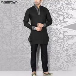 INCERUN Tops 2023 Muslim Style New Mens Hot Selling Shirts Dual Color Patchwork Design Standing Collar Long Sleeved Blouse S-5XL