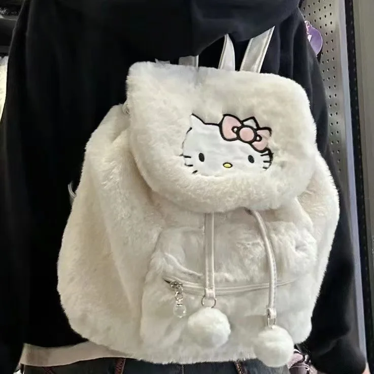 Hellos Kittys School Bag Plush Clamshell Handbag Sweet Backpack Fluffy Satchel Tote Short Trip Large Capacity Backpack for Girl