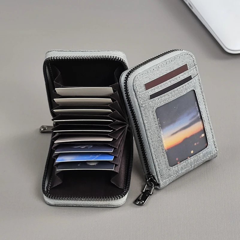 Canvas Men Business Card Holder Wallet Case Gray/black 9 Slots + 2 Big