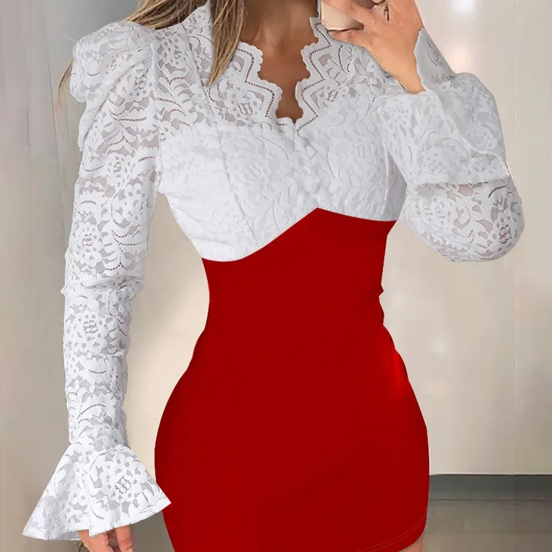 

2024 Spring Summer New Women's Elegant Lace Patchwork Flared Sleeves Tight Dress