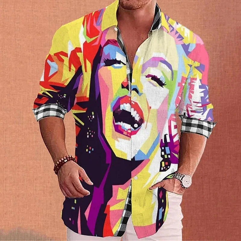 Fashion 2023 men's shirt personalized creative face printing button lapel shirt long sleeve shirt clothing design comfortable.