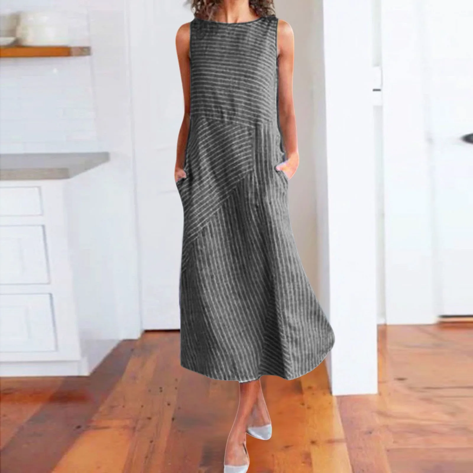 

Summer Ladies Striped Print Sleeveless Long Dresses Fashion Women O Neck Linen Pocket Mid-Calf Round Neck Casual Daily Dresses