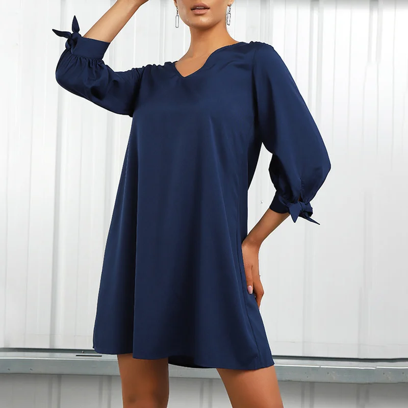 

Woman Solid Color V-Neck Dress Loose Casual Short Sleeve T-Shirt Dress Summer Fashion High Waist Mini Dresses Women Beach Dress