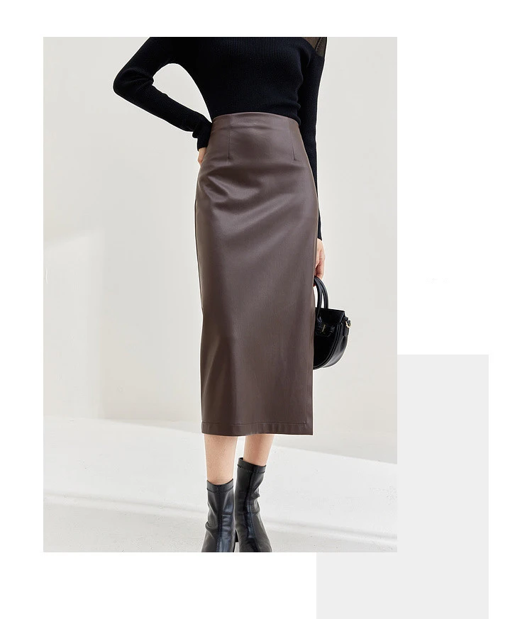 PU Vegan Leather Skirt coffee  Women’s luxury fall autumn Elegant high rise waist slit slim straight fit Lady temperament midi skirts for woman in brown Womens faux cowhide fashion 133Q50358