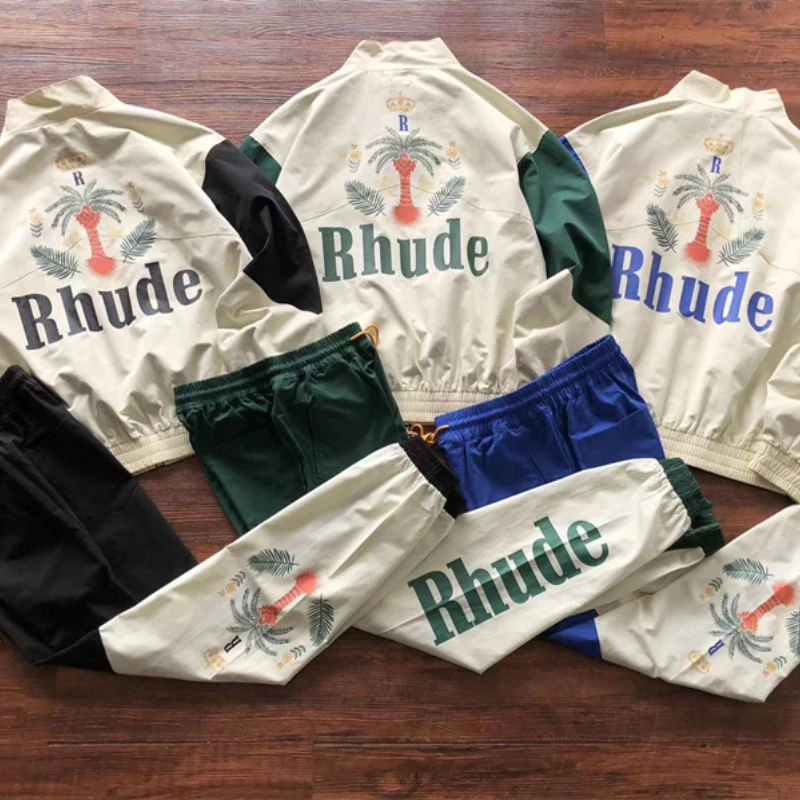 

Rhude Logo Patchwork Jacket Men Women New Top Quality Embroidery Coconut Tree Oversize Rhude Bomber Jacket Outwear Coats