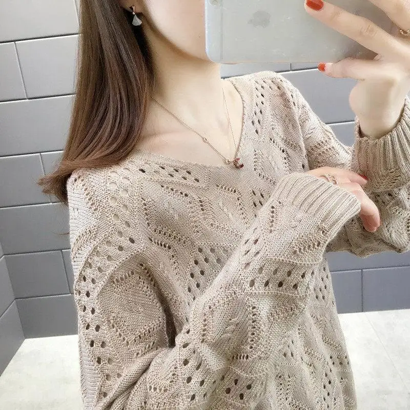 

Spring Autumn Korean Style Sweet Solid V-neck Hollow Out Jumper Women Elegant Fashion All-match Pullover Sweater Female Clothes