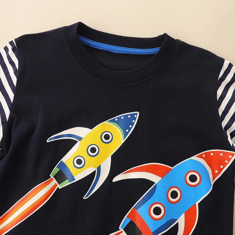 Luminous Children's Clothing 2025 Autum Rocket Long Sleeves Striped T-shirt Cotton Tops Baby Boys Kids Clothes
