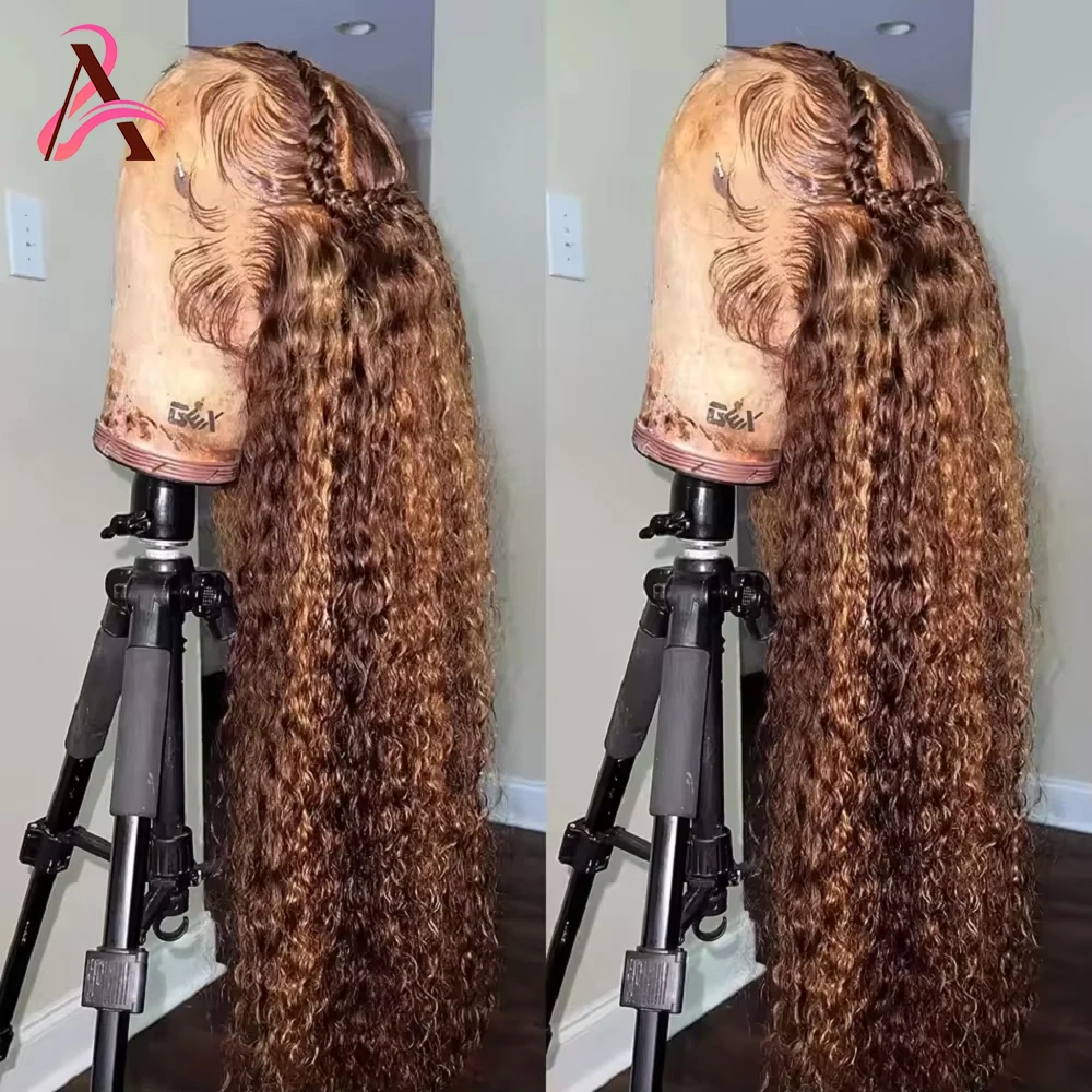 36 pouces mettre en évidence miel blond crépus bouclés perruques cheveux humains 13×6 HD vague profonde dentelle frontale perruque pour les femmes vietnamien couleur perruques