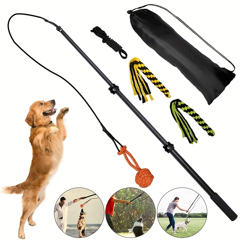 Dog Agility Training Pole with Tangle-Resistant Rubber Base & 3 Colorful Tassels - Interactive Fetch Toy for Mental Stimulation