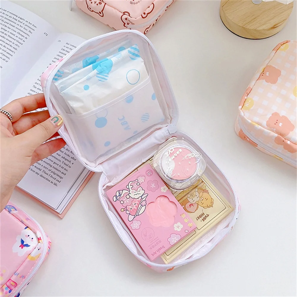 Women Cosmetic Makeup Tampon Bag Bear Cat Print Napkin Pouch Storage Coin  Purse Sanitary Pads Bag Mini Data Cables Organizer - AliExpress