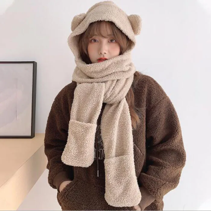 New Cute Bear Ear Hat Scarf Gloves Set Women Winter Novelty Caps Warm Plush Hats Casual Solid Fleece Girl Party Accessories - 3