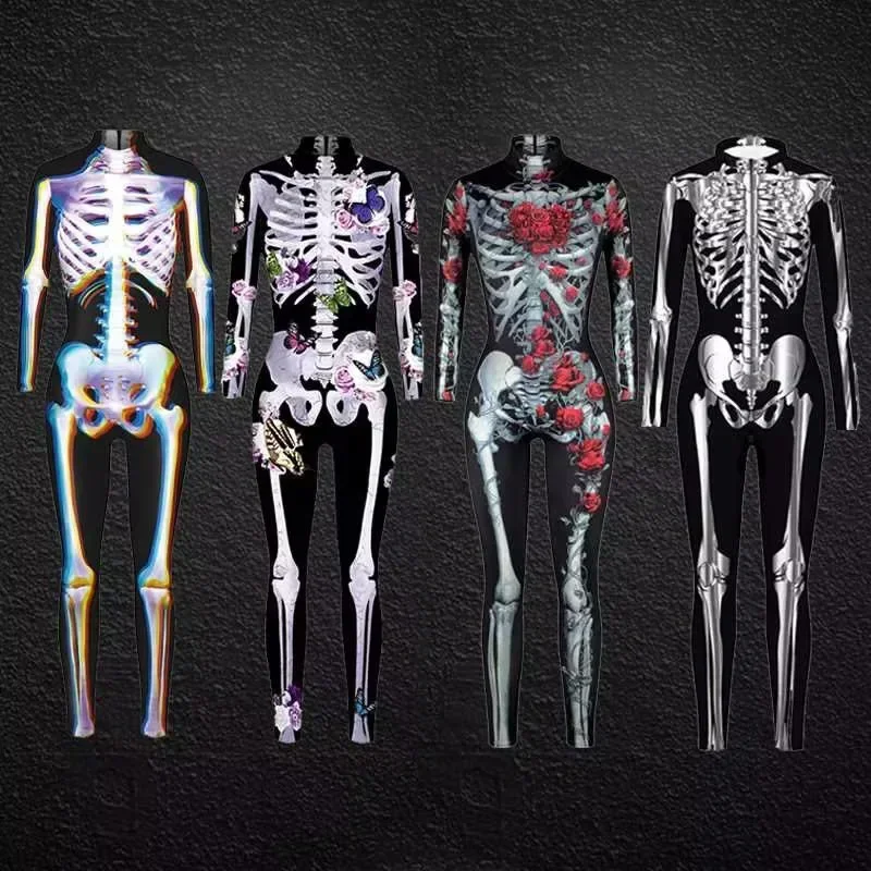 Halloween Women Adult Cospla Jumpsuit Skeleton Bodysuit Party Zombies Printed Long Sleeved Scary Costumes For Women,4 Colors