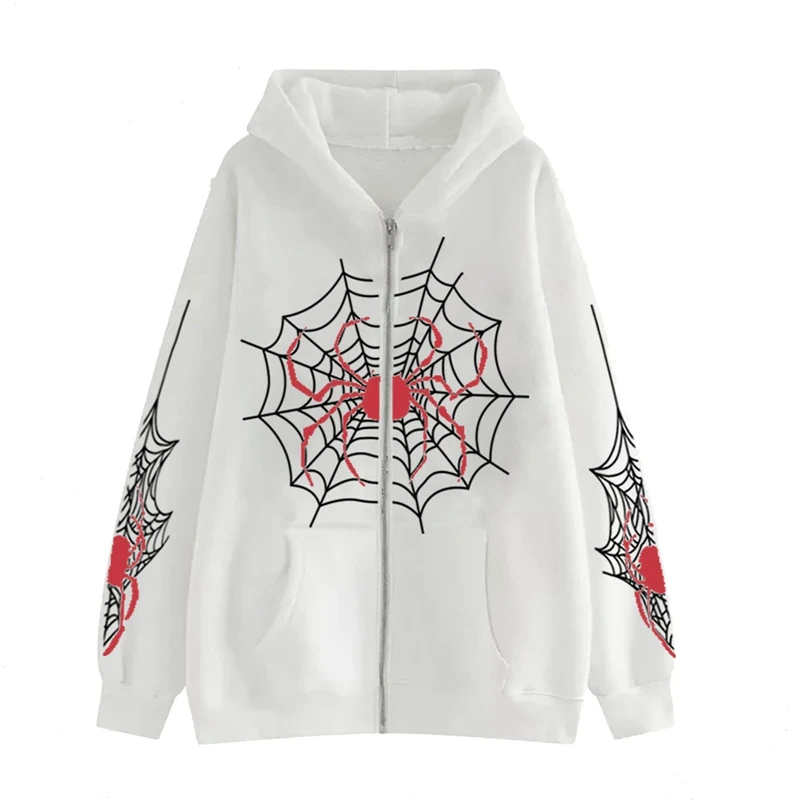 Harajuku Grunge Vintage Felpe E-Girl Graphic Spider Web Print Zip Up Felpe Mall Goth Coat Halloween Streetwear