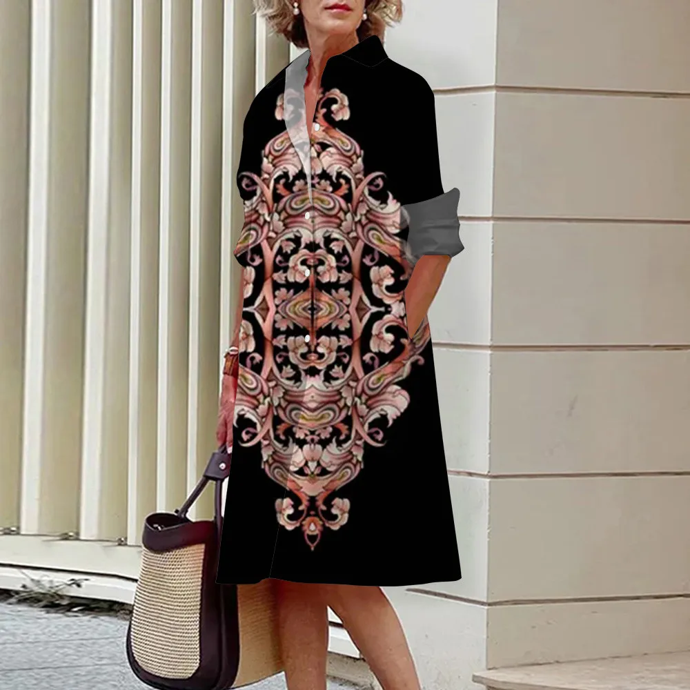 

Summer Fashion New Tea Party Slim-Fit Dress Women's Lapel Long Sleeve Shirt Dress 3D Printing Process Fabric Soft Comfortable