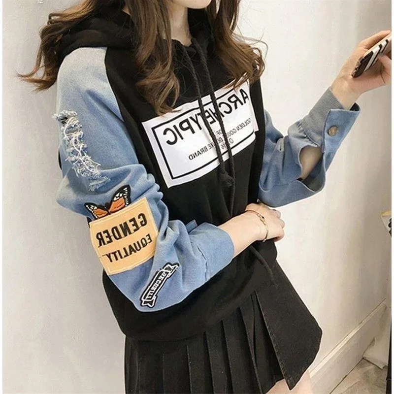 Autumn New Hole Long Sleeve Drawstring Splice Hooded Pullovers 2024 Harajuku Female Sweatshirt Women Letter Print Patch Hoodies