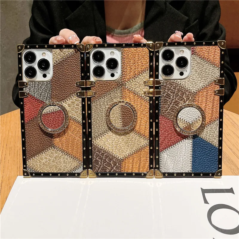 Luxury Geometric Case For Funda iPhone 13 12 11 Pro XS MAX XR 7 8 Plus SE 2  Fashion Square Leather Cover For Samsung S21 S20 FE - AliExpress