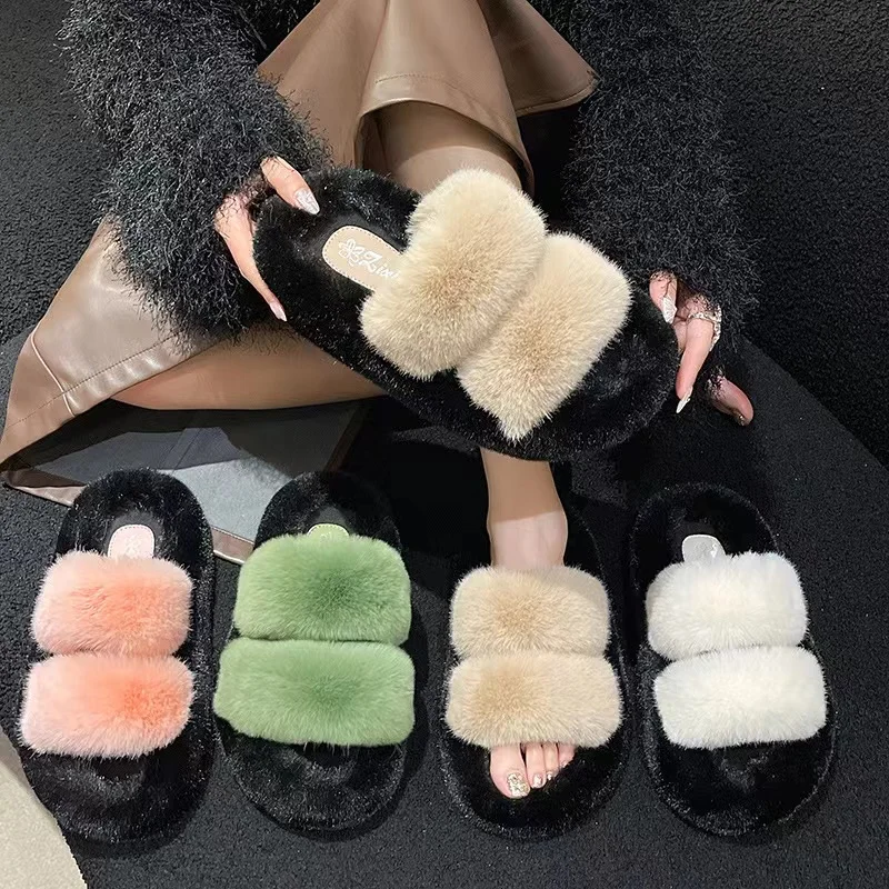 

2023 Fur Slippers for Women Imitation Rabbit Hair Thick Sole, Anti slip, Home Warm, Casual Cotton Slippers for Outdoor Wear