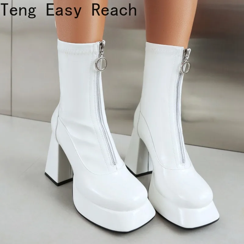 

New White Women's Platform Ankle Boots Fashion Patent Leather Front Zipper Square Head High Heel Motorcycle Boots Winter