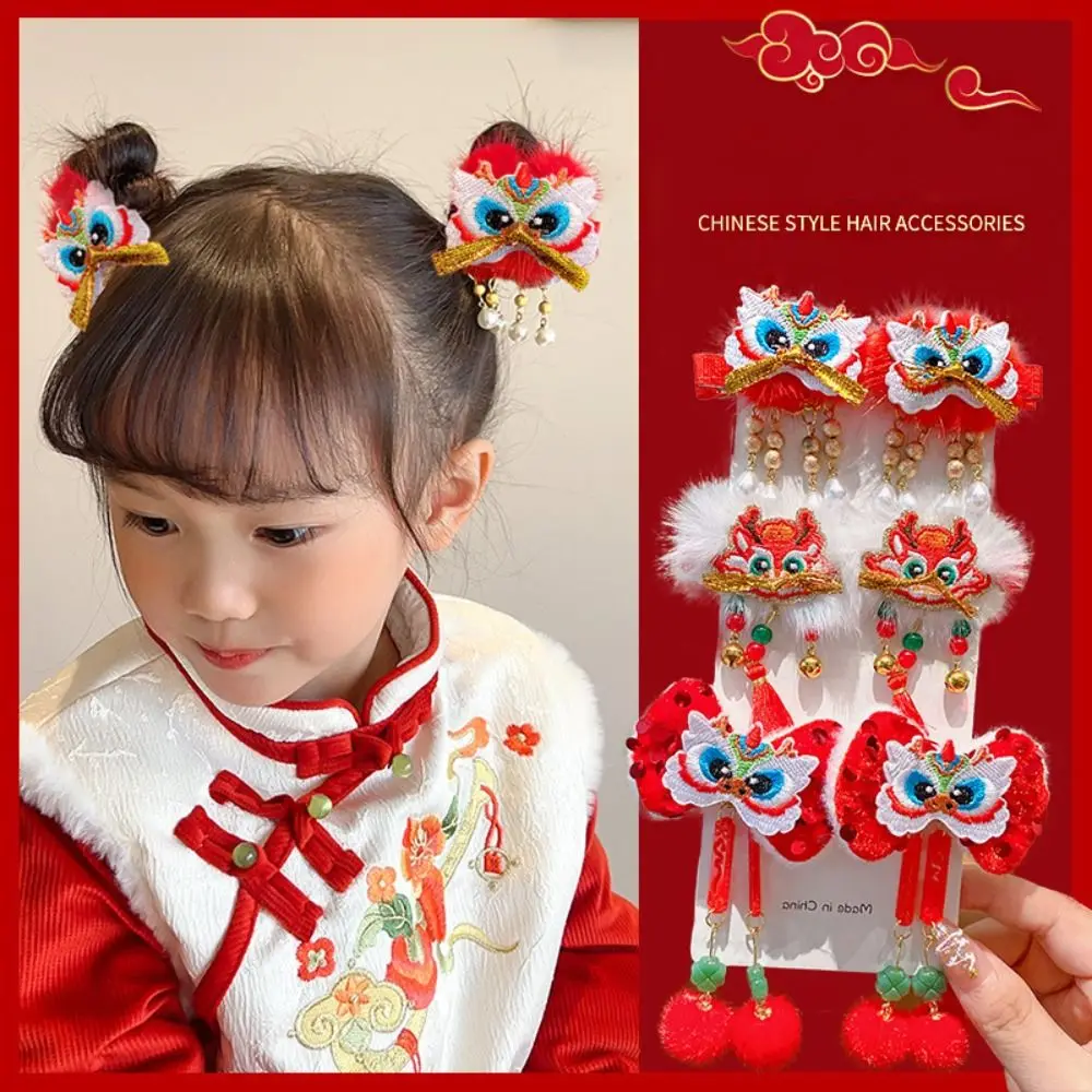 Embroidery Children Red Hairpin Lion Dance Awakened Lion Hanfu Hair Clip Tassel Baby Headwear Ancient Style Hairpin Children new baby duckbill clip ins hairpin baby hair accessories headdress girl cute little clip children hairpin set