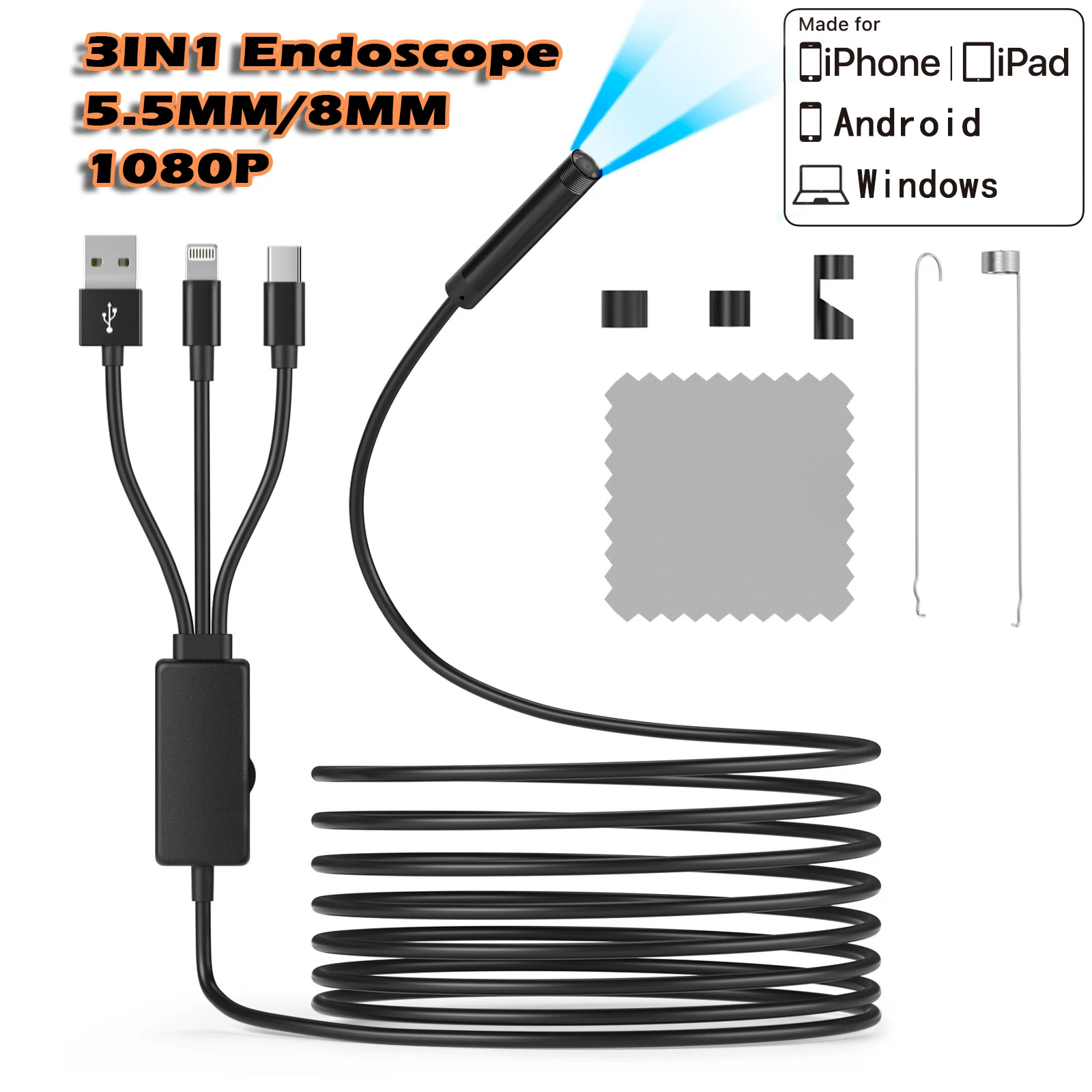 

3in1 Industrial USB Endoscopic Endoscope Type C Stethoscope For Iphone IOS Smart Phone Android Cars Inspection Camera 1080P Lens