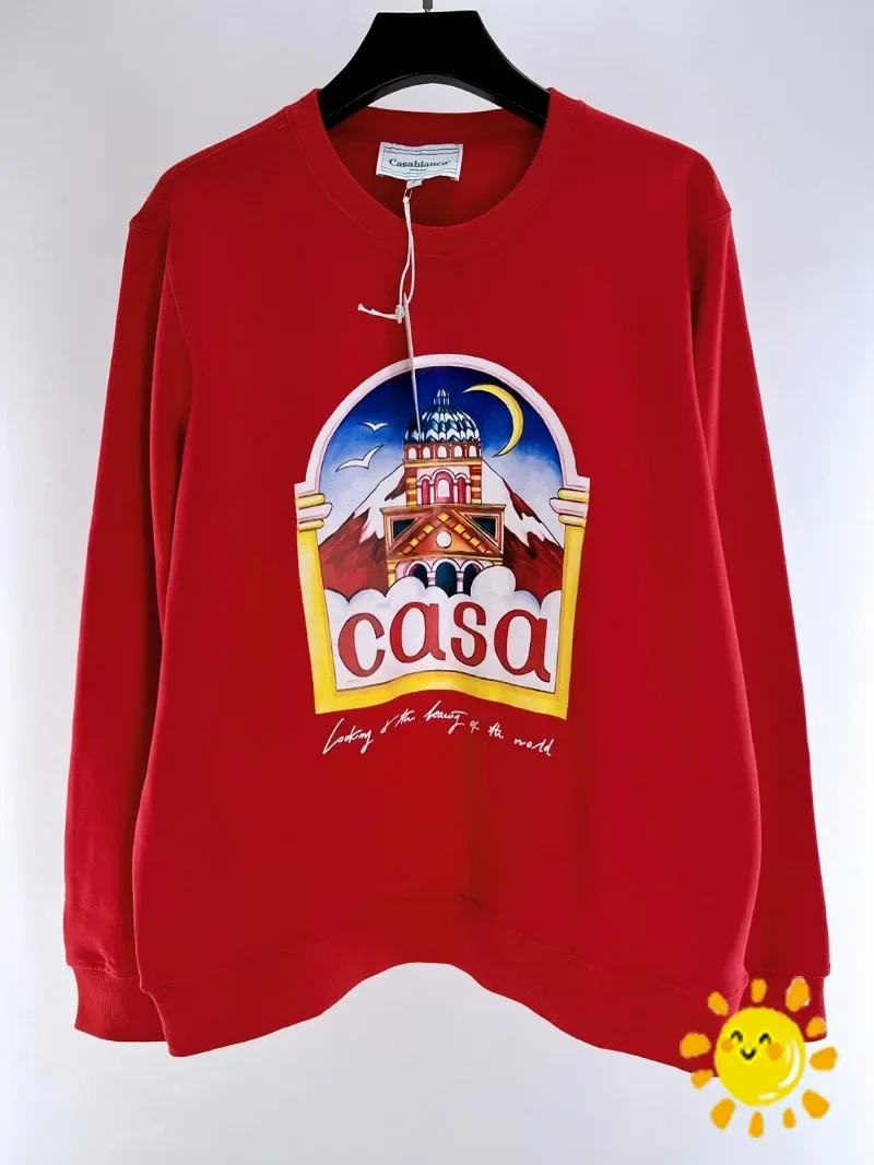 

High quality 1:1 Crewneck Red Casablanca Sweatshirts Men Women 1:1 Hoodie Castle Print