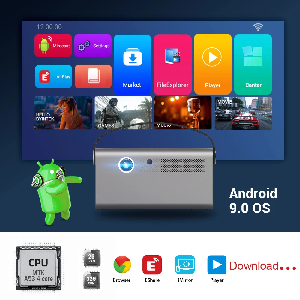 프로젝터 스마트 3D 안드로이드 와이파이 휴대용 LED DLP 미니 홈 시어터 비디오 게임, 32GB 4K 풀 HD 1080P 미니 비머