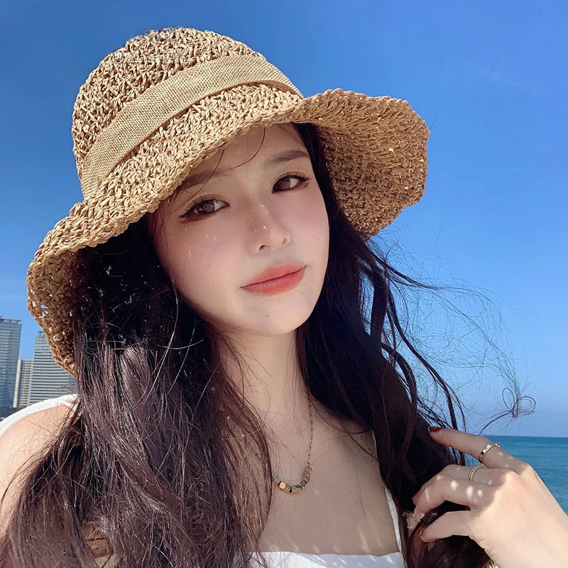 Straw Hat Female Summer Beach Seaside Sunscreen Fisherman's Hat UV Protection Sun Hat Shade Sunscreen Hat 2023 Net Red Summer 2