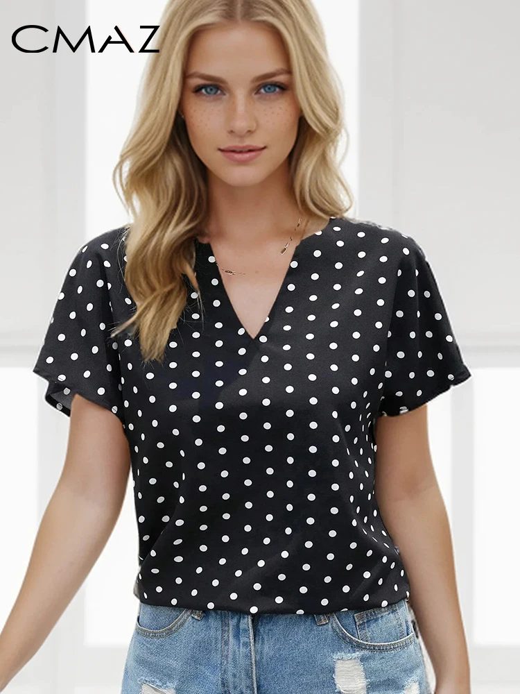 

CMAZ Summer Short Sleeve V-Neck Blouse Casual Polka Dots Printed Tops for Women 2024 Spring Elegant Design Shirt Female XY31148