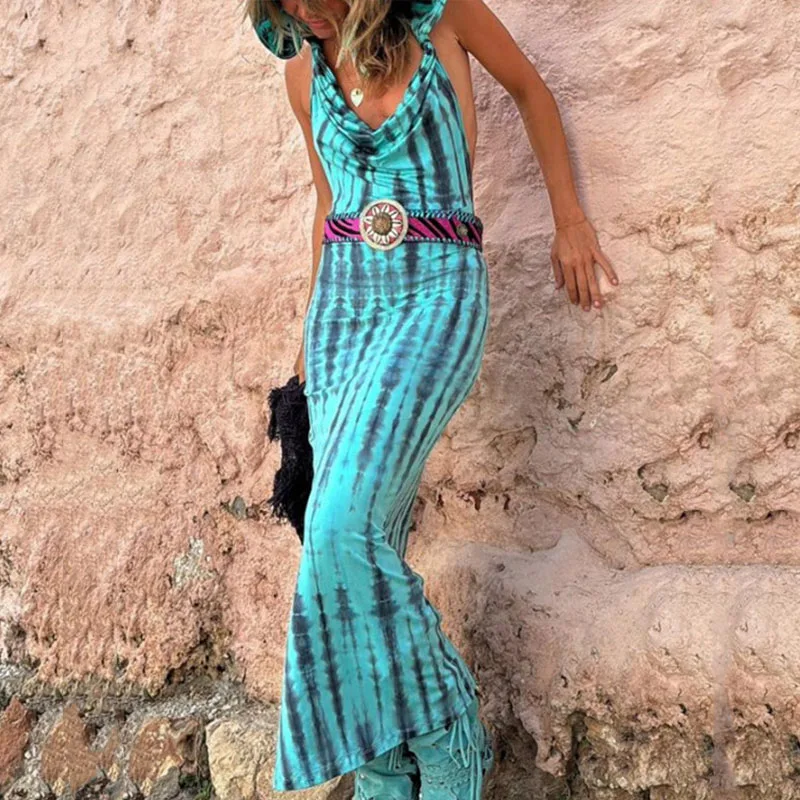 

Spring Swing Collar Slim Bodycon Long Dress Women Sexy Striped Print Boho Party Dress Summer Backless Hollow Maxi Dress Vestidos