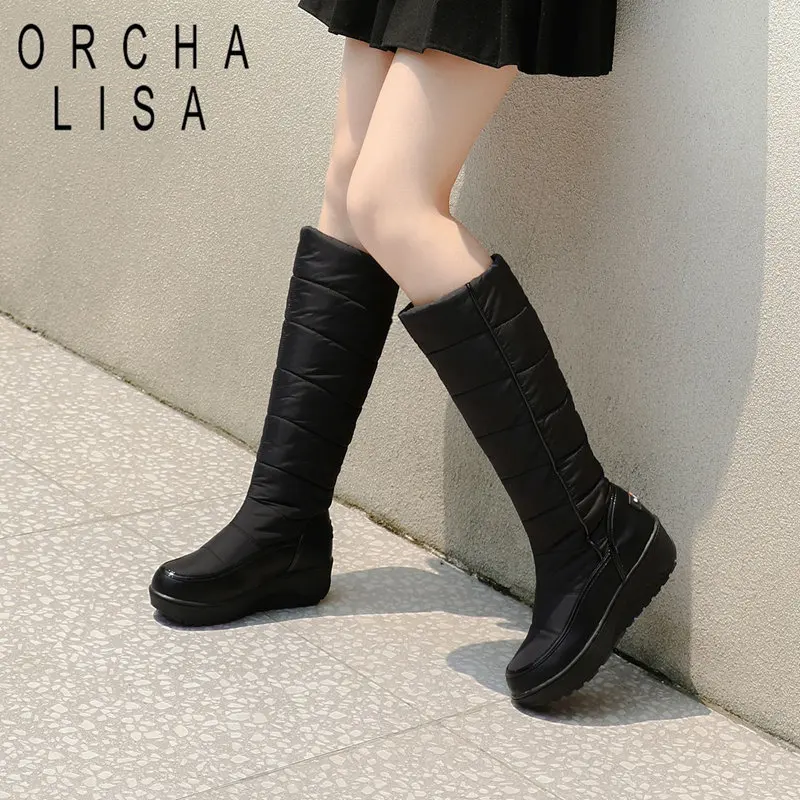 

ORCHA LISA Women Knee Boots Light Down Wedges Slip On Platform Warm Snow Booties Plus Size 41 42 43 44 Leisure Outdoor Shoes