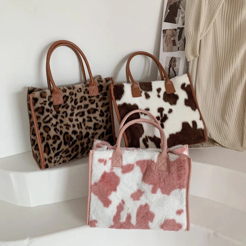 Women's Faux Fur Leopard Print Designer Shopper Totes Soft Plush Female Shoulder Bags Winter Large Capacity Handbags and Purse