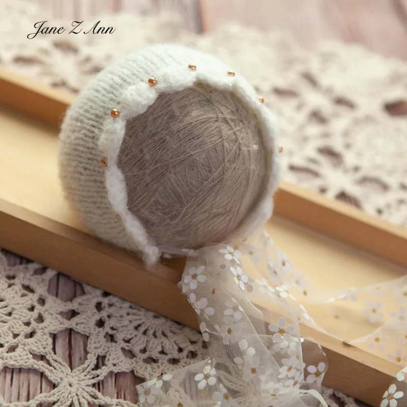 Newborn photography knitted lace strings baby infant girl hat baby photo studio prop bonnet 2